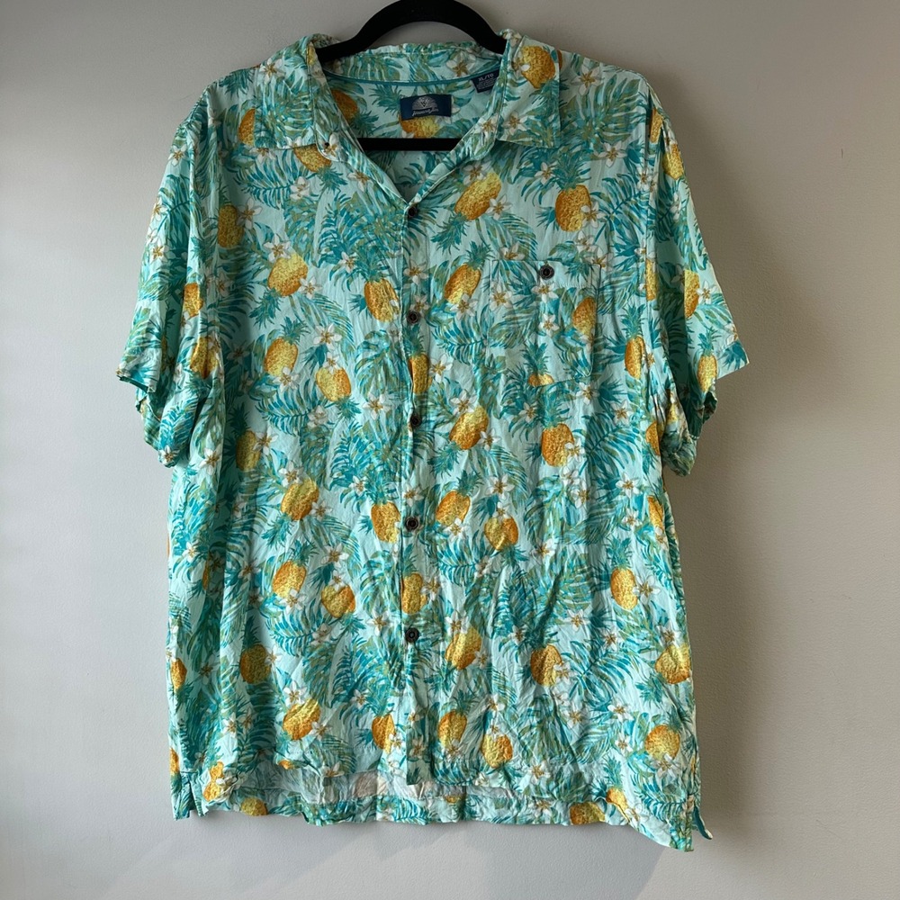Havana Jim‎ Button Down Shirt Mens XL Teal Pineapple Tropical Good Rayon Short